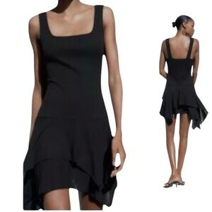 Zara Contrast Black Short Dress Asymmetrical‎ Hem Square Neckline Sz S